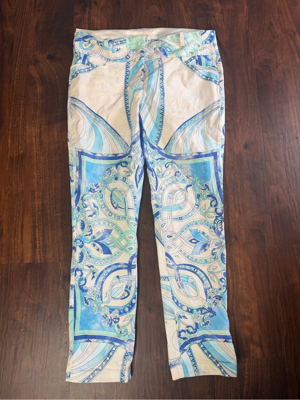 Vintage Y2K Emilio Pucci Blue and White Paisley Print Cropped Pants